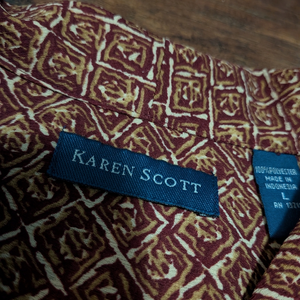 Karen Scott Women's Red-Brown Diamond-Patterned Short Sleeve Blouse (L) - Picture 5 of 8